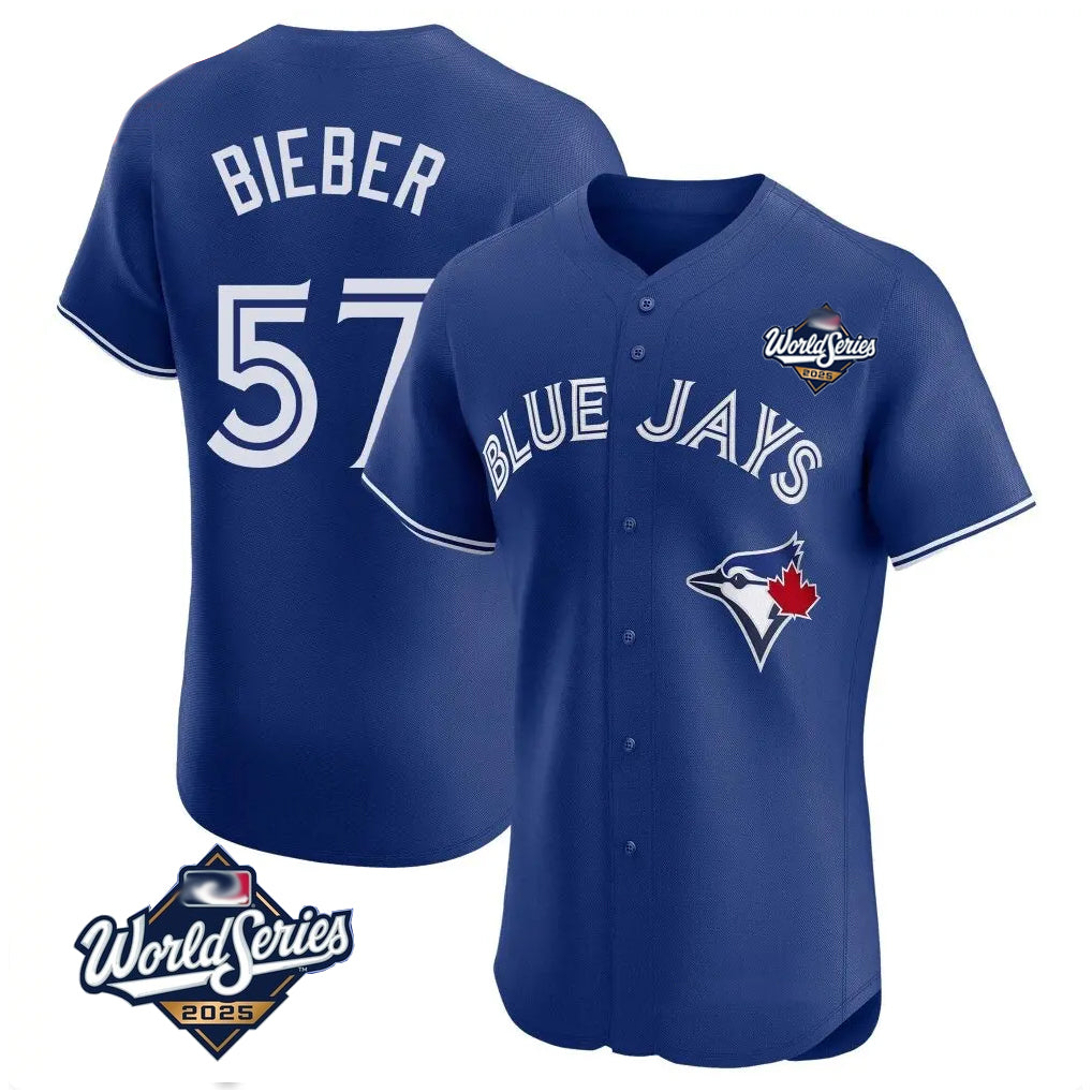 MATTH T.Blue Jays #57 Shane Bieber Player Royal 2025 World Series Elite All Stitched Jerseys