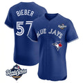 MATTH T.Blue Jays #57 Shane Bieber Player Royal 2025 World Series Elite All Stitched Jerseys