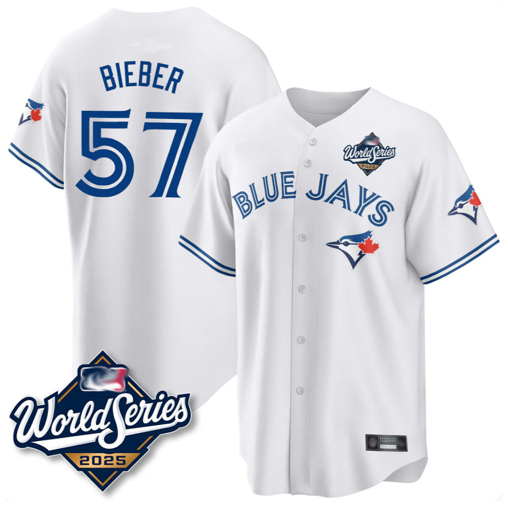 MATTH T.Blue Jays #57 Shane Bieber Player White 2025 World Series All Stitched Jerseys