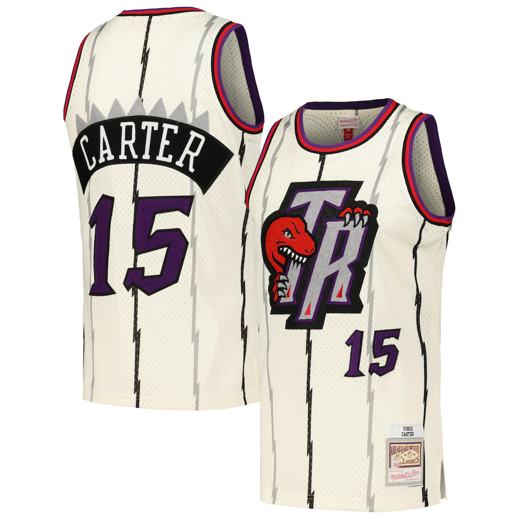 MATTH T.Raptors #15 Vince Carter Mitchell & Ness Cream Chainstitch Swingman Jerseys