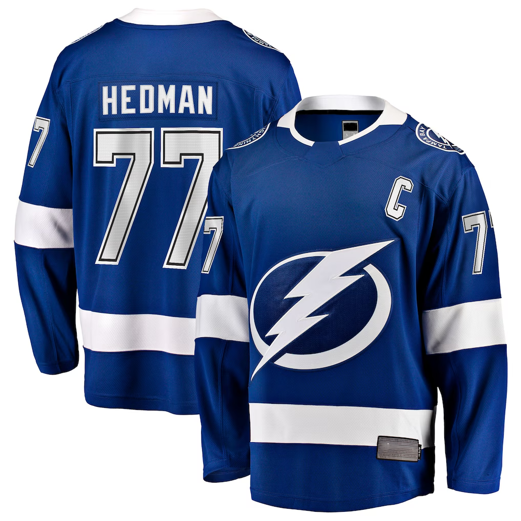 MATTH TB.Lightning #77 Victor Hedman Blue Home Captain Patch Breakaway Jerseys
