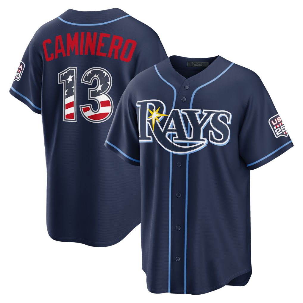 MATTH TB.Rays #13 Junior Caminero Navy USA 250 Fourth of July Road Stadium Jersey